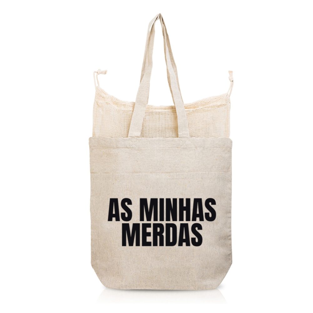ESGOTADO – “As minhas merdas” Saco de Algodão reciclado c/ extensível, bolso frontal e fecho em rede (190 gr.) - Image 2