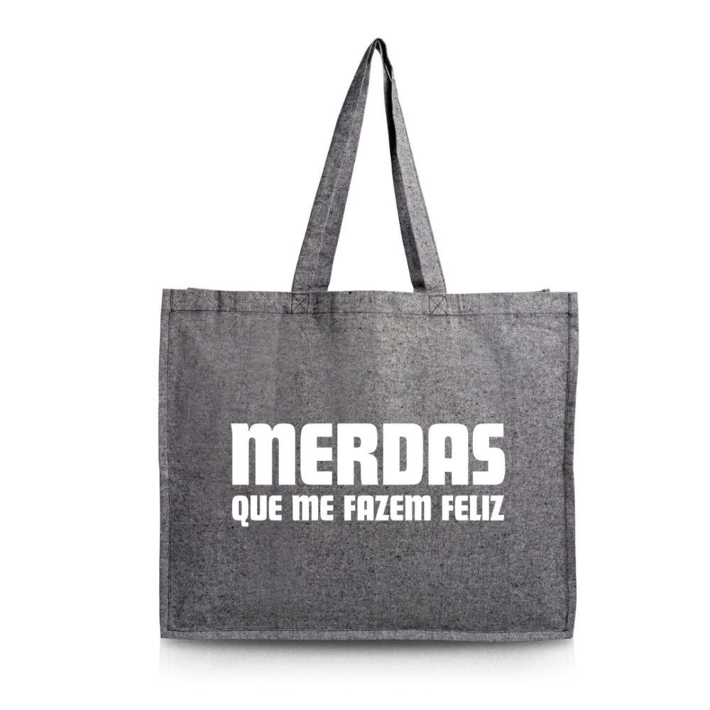 Saco grande “merdas que me fazem feliz” (saco preto c/ letras brancas toque veludo) – 100% algodão reciclado 190g/m² - Image 2